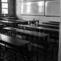 empty classroom interior in black and white